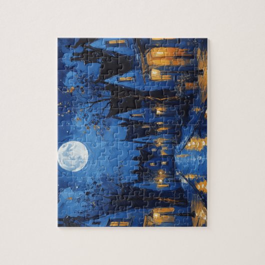 Pueblo de noche con luces y faroles legpuzzel (Verticaal)