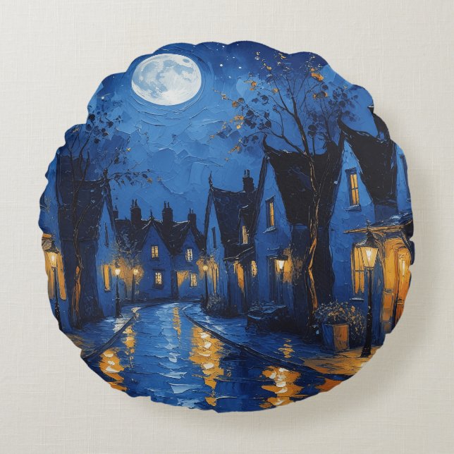 Pueblo de noche con luces y faroles rond kussen (Voorkant)