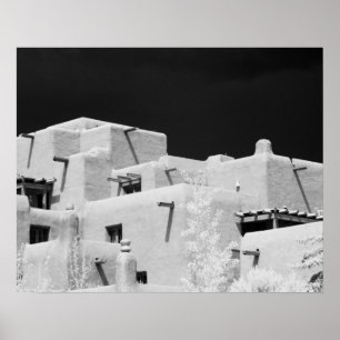 Pueblo stijl adobe herberg bij Loretto, Santa Fe, Poster