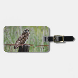 Pueo op de hek post bagagelabel