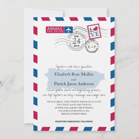 Puerto Rico Airmail Huwelijksuitnodiging Kaart (Voorkant)
