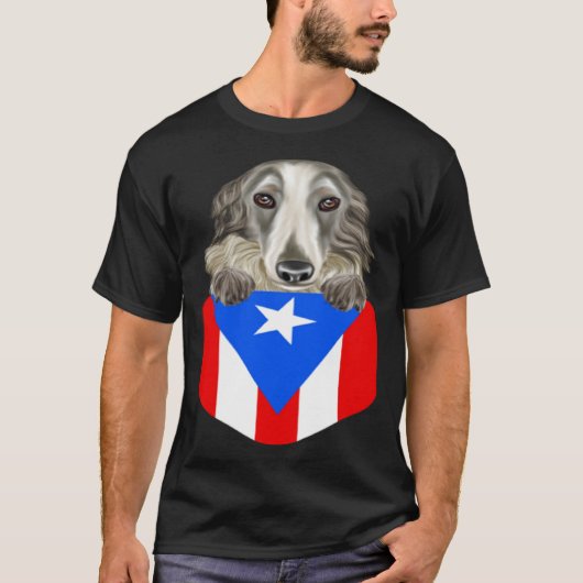 Puerto Rico Flag Borzoi Dog In Pocket T-shirt (Voorkant)