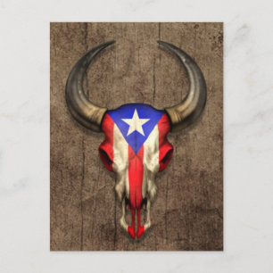 Puerto Rico Flag Bull Skull on Wood Effect Briefkaart