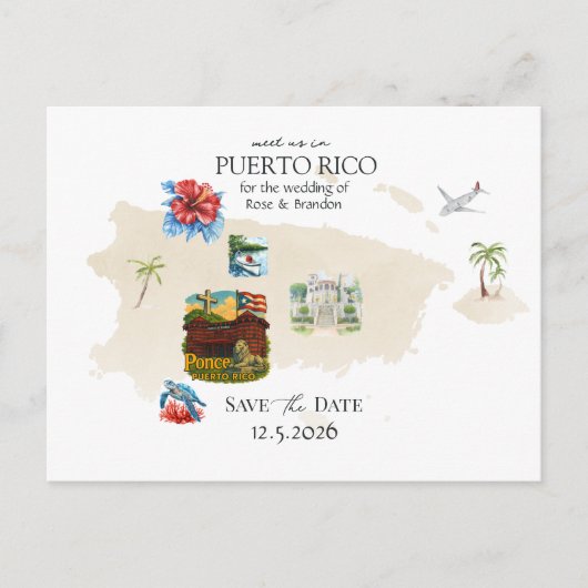 Puerto Rico Kaart Bestemming Huwelijk Save the Dat (Voorkant)