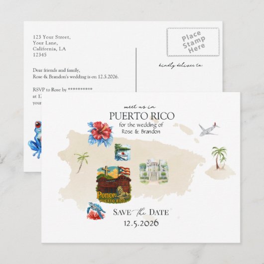 Puerto Rico Kaart Destination Wedding Sla de datum (Voorkant / Achterkant)