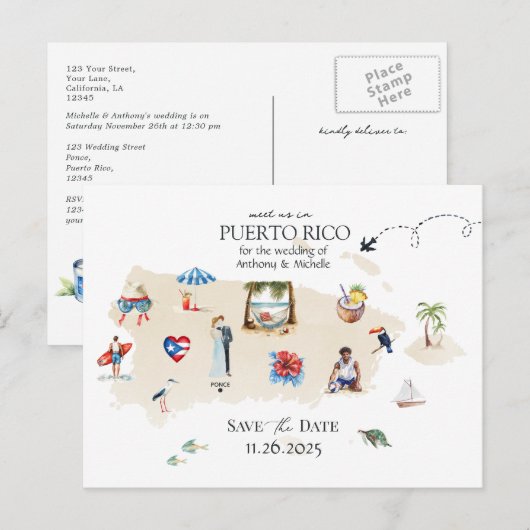 Puerto Rico Kaart Destination Wedding Sla de datum (Voorkant / Achterkant)