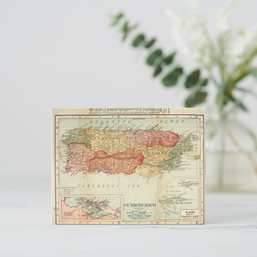  Puerto Rico Map, 1898 Briefkaart (Staand voorkant)