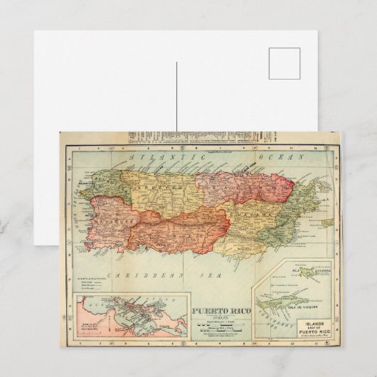  Puerto Rico Map, 1898 Briefkaart (Voorkant / Achterkant)