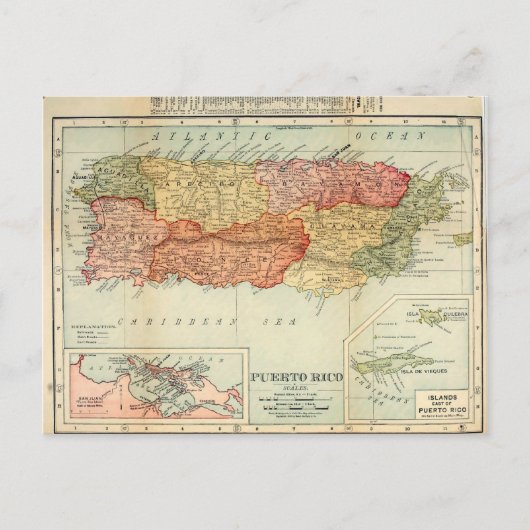  Puerto Rico Map, 1898 Briefkaart (Voorkant)