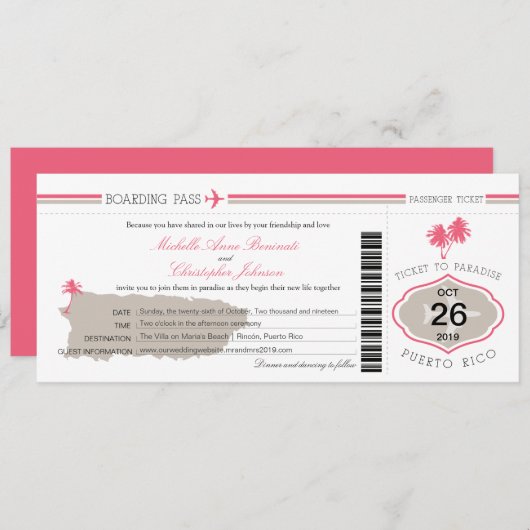 Puerto Rico Palm Tree Wedding Boarding Pass Kaart (Voorkant / Achterkant)