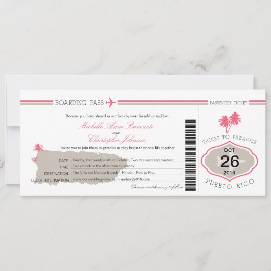 Puerto Rico Palm Tree Wedding Boarding Pass Kaart (Voorkant)