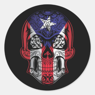 Puerto Rico Skull en Rozen vlag Ronde Sticker