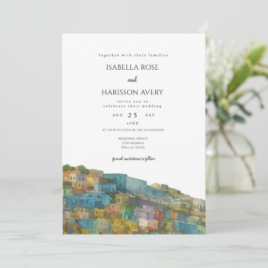 Puerto Rico Skyline Destination Wedding Invitation Kaart (Staand voorkant)
