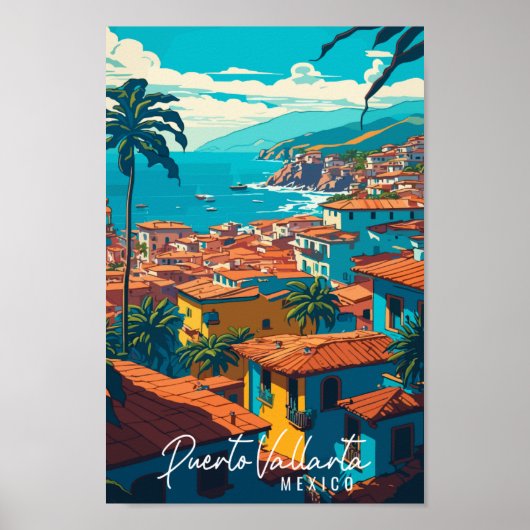Puerto Vallarta Mexico vintage reisillustratie Poster (Voorkant)