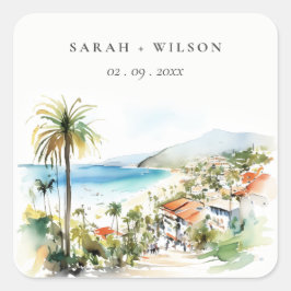 Puerto Vallarta Mexico Watercolor scape Wedding Vierkante Sticker