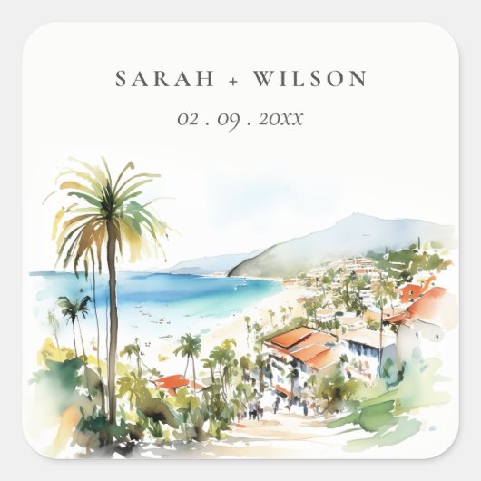Puerto Vallarta Mexico Watercolor scape Wedding Vierkante Sticker (Voorkant)
