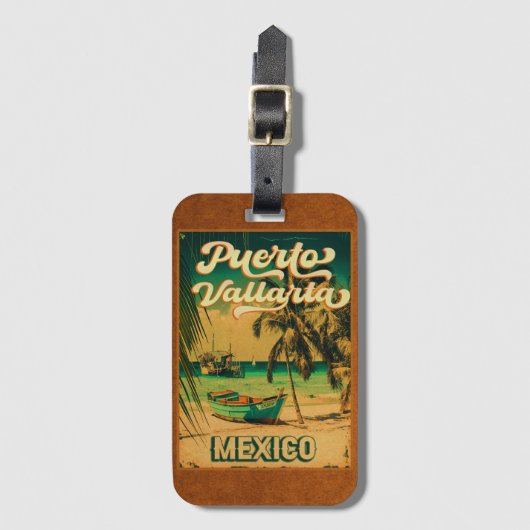 Puerto Vallarta Palm Tree Retro 80's Mexicaanse Pl Bagagelabel (Voorkant (verticaal))