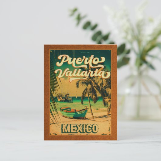 Puerto Vallarta Palm Tree Retro 80's Mexicaanse Pl Briefkaart (Staand voorkant)