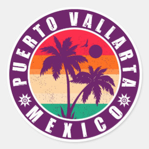 Puerto Vallarta Palm Tree Retro Souvenir 80s Ronde Sticker