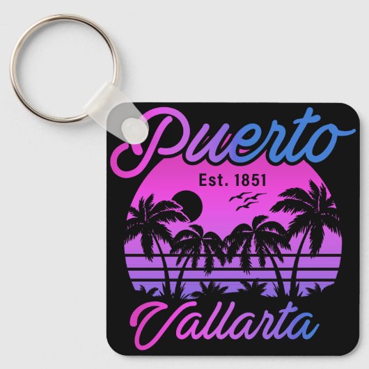 Puerto Vallarta Retro Sunset 80s Palmbomen Sleutelhanger (Voorkant)