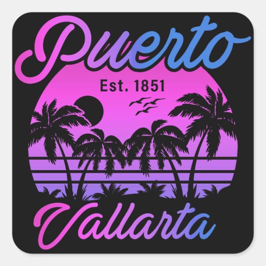 Puerto Vallarta Retro Sunset 80s Palmbomen Vierkante Sticker (Voorkant)