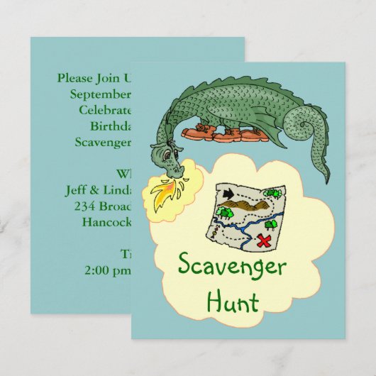 Puff Dragon & Scavenger Hunt Map Uitnodigingen (Voorkant / Achterkant)