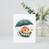 Puffer vis regenachtige dag met paraplu feestdagenkaart (Staand voorkant)