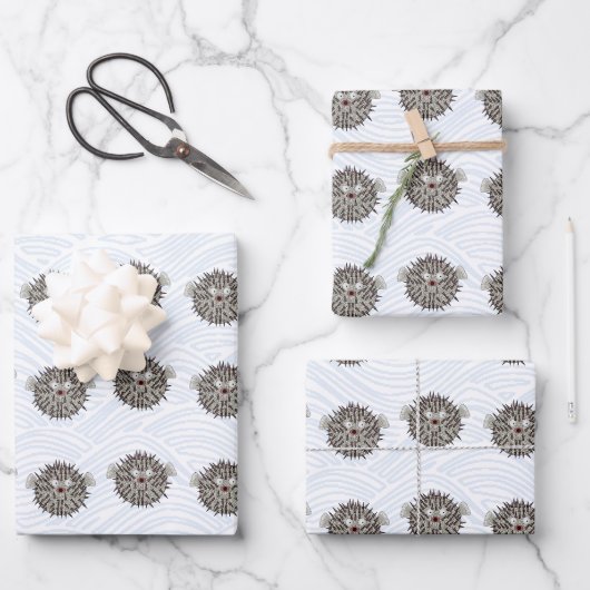 Pufferfish Wrapping Papier Platte Blad Set van 3 Inpakpapier Vel (Voorkant)