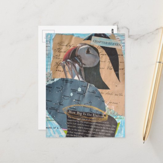 Puffin and Fish Chapter Eleven Mixed Media Collage Briefkaart (Voorkant / Achterkant in situ)