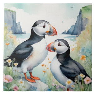 Puffin Birds aan de kust met Waterverf Flowers Tegeltje