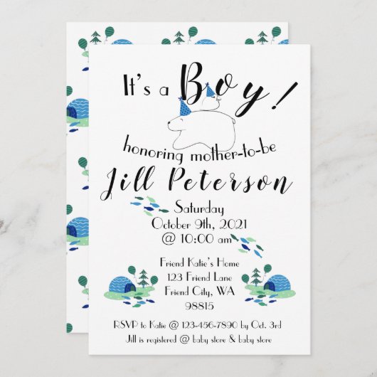 Puffin en Polar Beer Boy Baby shower Uitnodiging (Voorkant / Achterkant)