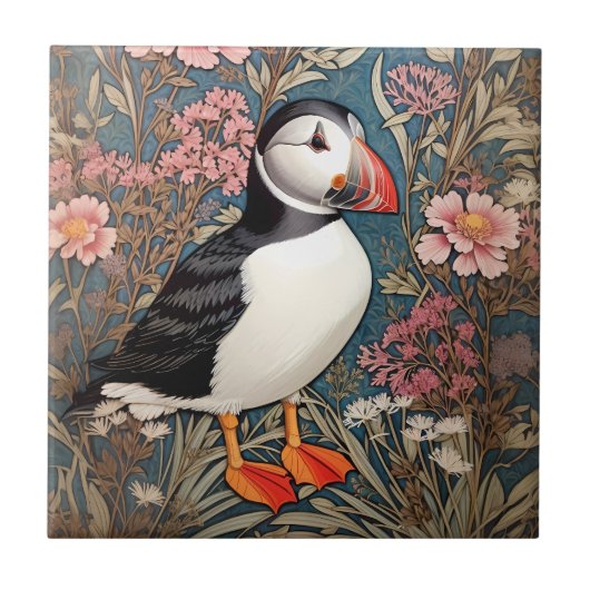 Puffin en Zee Thrift Flowers William Morris Tegeltje (Voorkant)