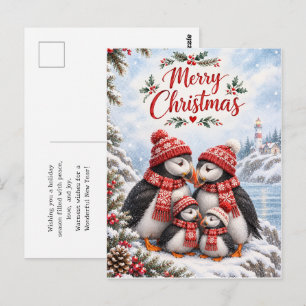 Puffin Familie Kerstmis Traditionele Kunst Vakanti Briefkaart