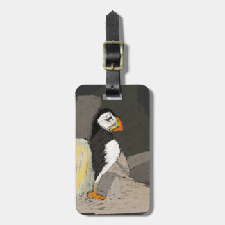 Puffin in Rocks Drawing Bagagelabel