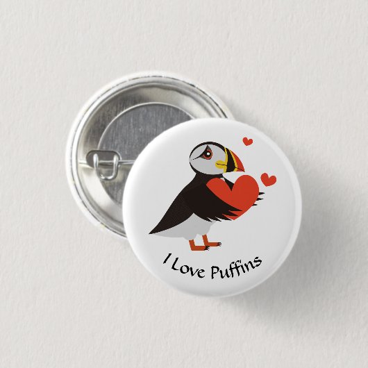 Puffin Love Red Hearts Button (Voorkant /achterkant)