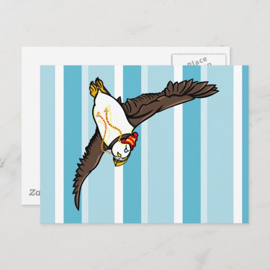Puffin met een Pet van brei-Pet Briefkaart (Voorkant / Achterkant)