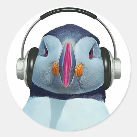 Puffin met hoofdtelefoon ronde sticker (Voorkant)