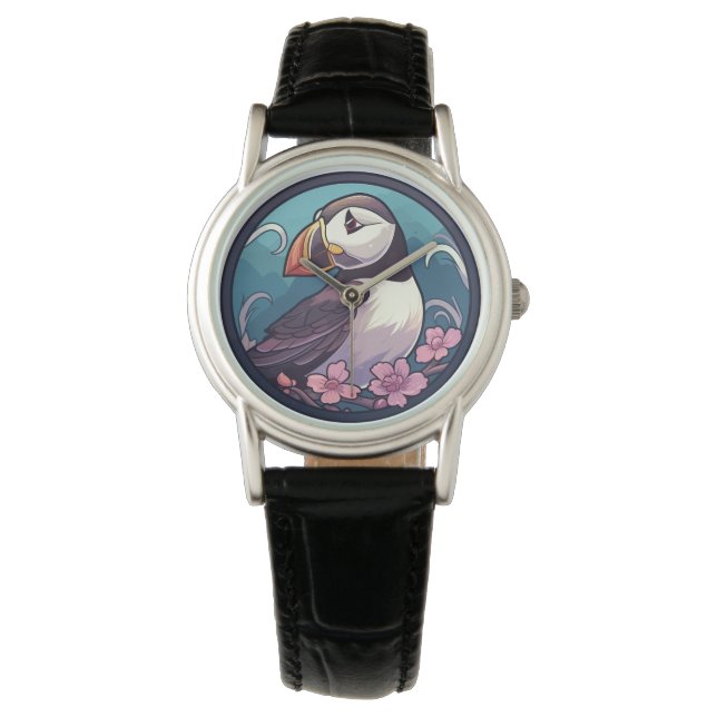 Puffin met roze bloemen horloge (Voorkant)