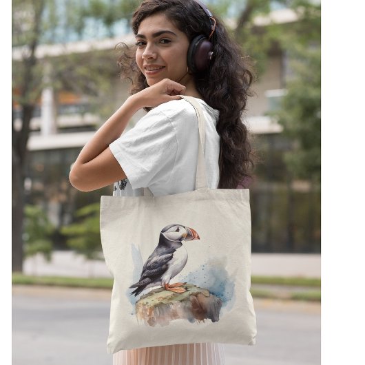 Puffin op een Rock Waterverf Tote Bag