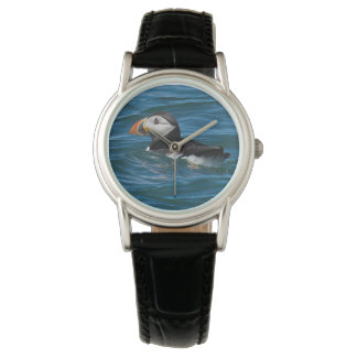 Puffin op zee faux canvas met acrylafdruksleutel horloge
