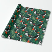 Puffin Pattern Lush Green Cadeaupapier (Uitgerold)