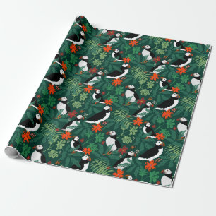 Puffin Pattern Lush Green Cadeaupapier