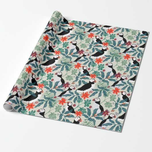 Puffin Pattern Warm Beige Cadeaupapier (Uitgerold)