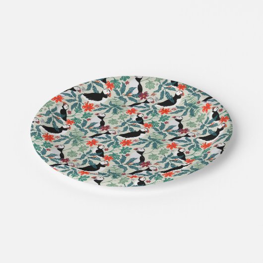 Puffin Pattern Warm Beige Papieren Bordje (Gekanteld)