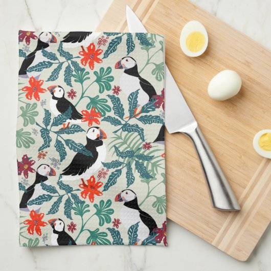 Puffin Pattern Warm Beige Theedoek (Quarter Fold)