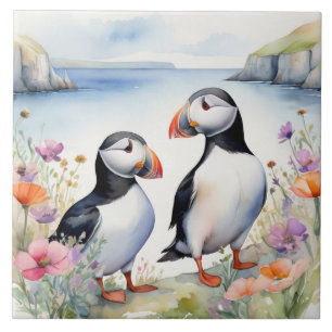 Puffin Vogels op Floral Coast met Wildflowers Tegeltje