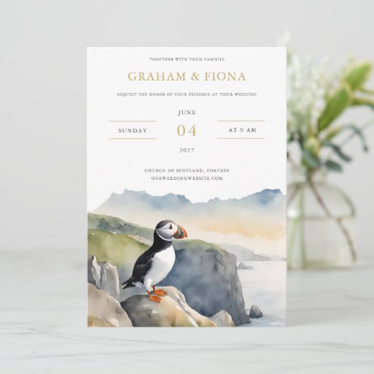 Puffin Watercolor Invitation Kaart (Staand voorkant)
