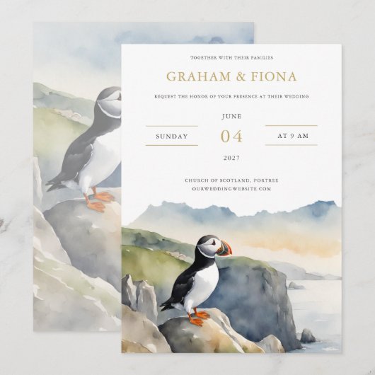 Puffin Watercolor Invitation Kaart (Voorkant / Achterkant)