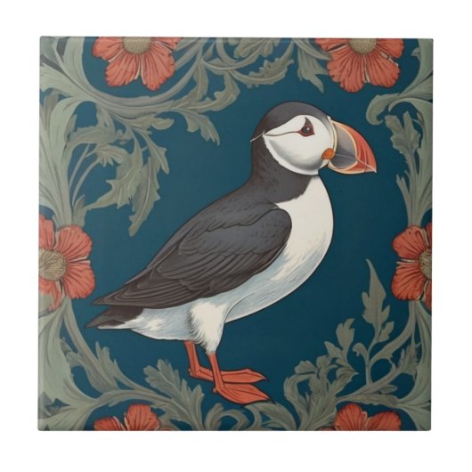 Puffin William Morris stijl Rechter Zee Marine Bir Tegeltje (Voorkant)