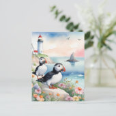 Puffins bij het Zee - Ocean Flowers & Lighthouse Briefkaart (Staand voorkant)